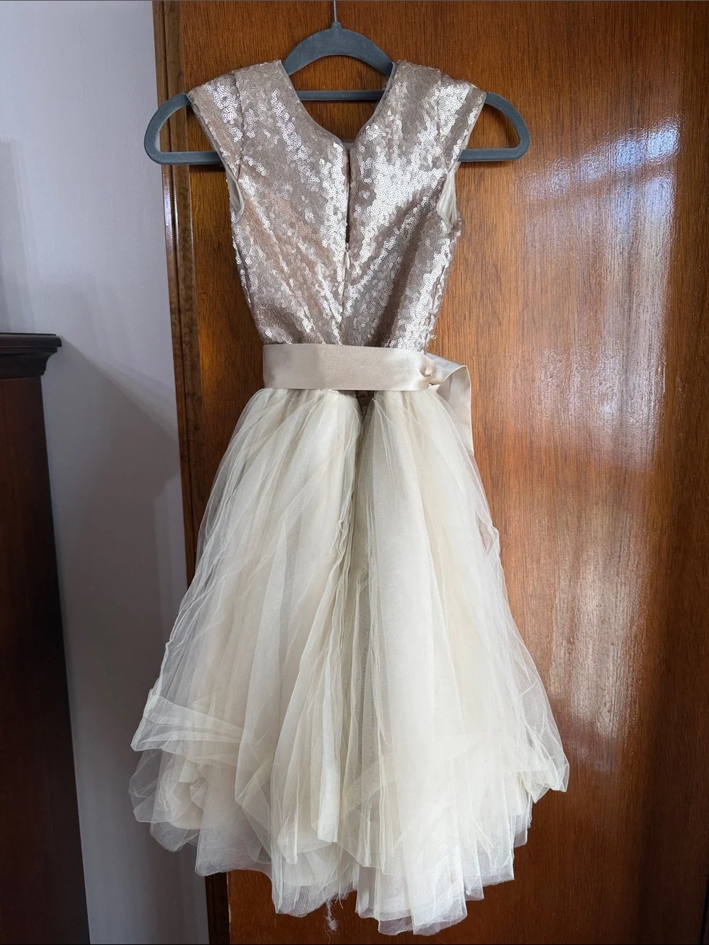 David's Bridal Cream Sequin Bodice Tulle Dress with Waist Bow - Picture 2 of 2